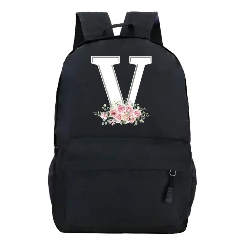 étudiant dames rose floral alphabet blanc impression sac à dos femmes fleur harajuku cartables femme rose lettre sac à bandoulière