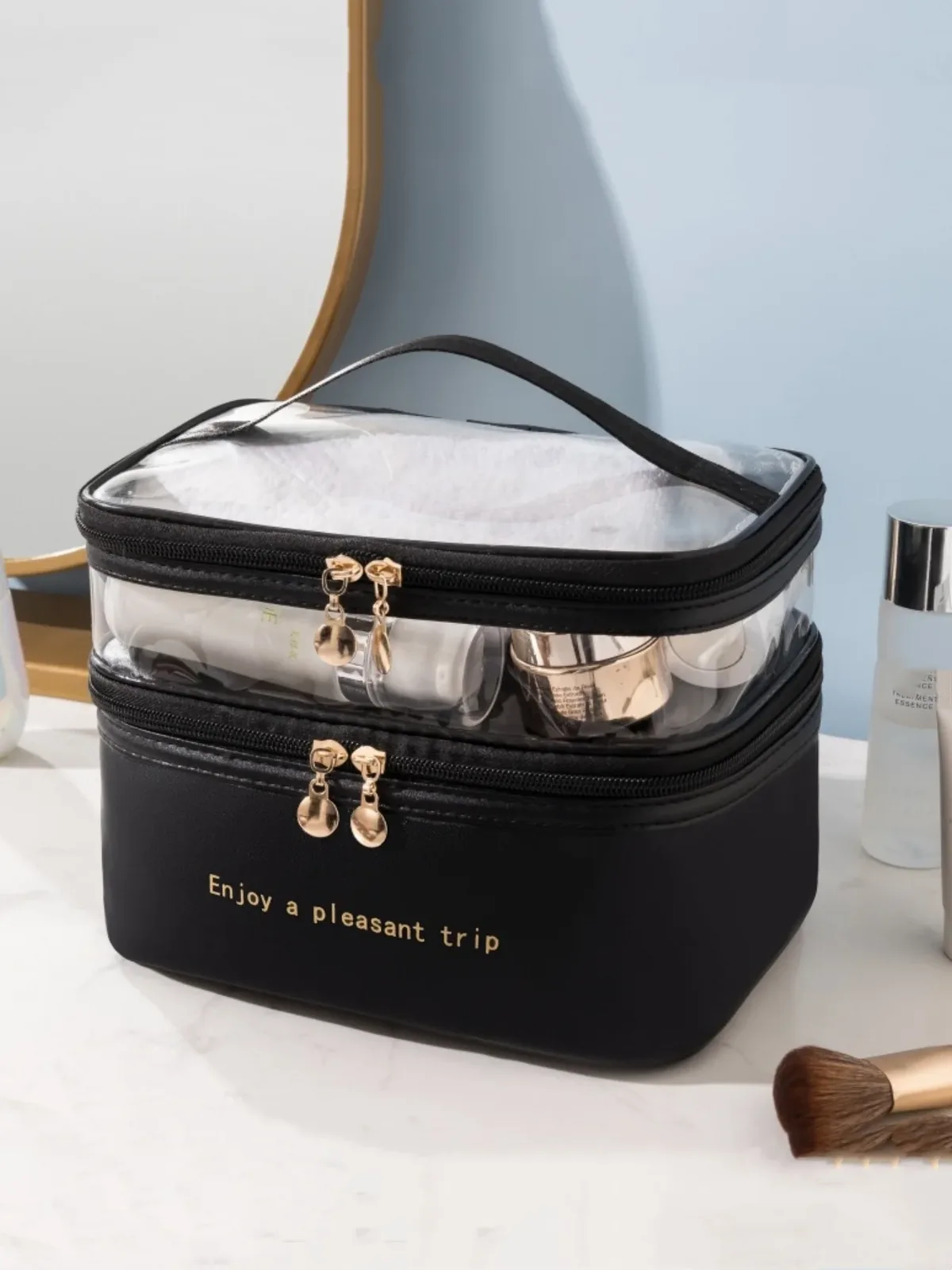 sac à cosmétiques portable de grande capacité, sac de toilette double transparent, sac de maquillage étanche, sac de rangement de voyage
