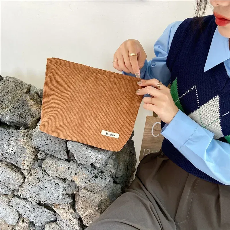 grand sac à cosmétiques en tissu velours côtelé pour femmes, pochette de maquillage pour filles, sac de voyage à main, étuis de rangement de rouge à lèvres, pochette à fermeture éclair pour téléphone