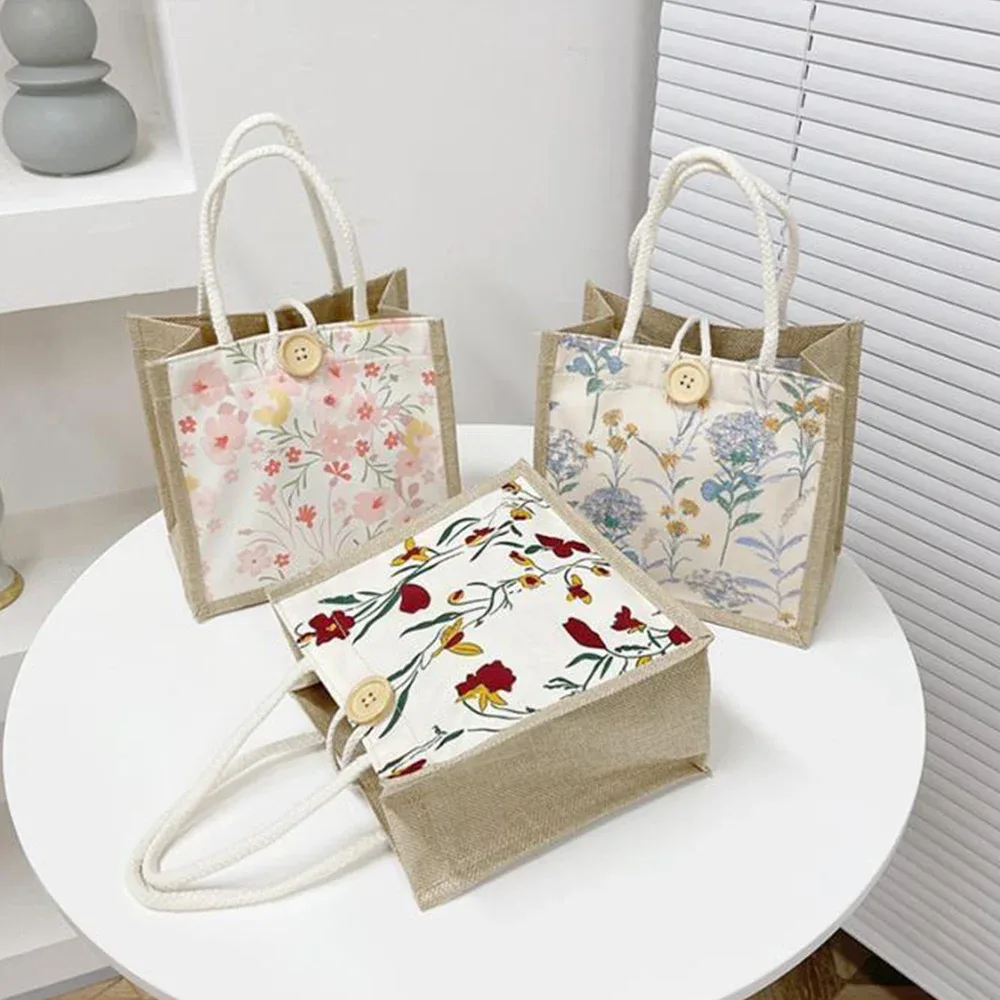 Sac fourre-tout en lin avec fermoir à bouton, sac à lunch en poudre, sac fourre-tout, sac à main à bento, impression de fleurs mignonnes, sac à bento alimentaire pour pique-nique