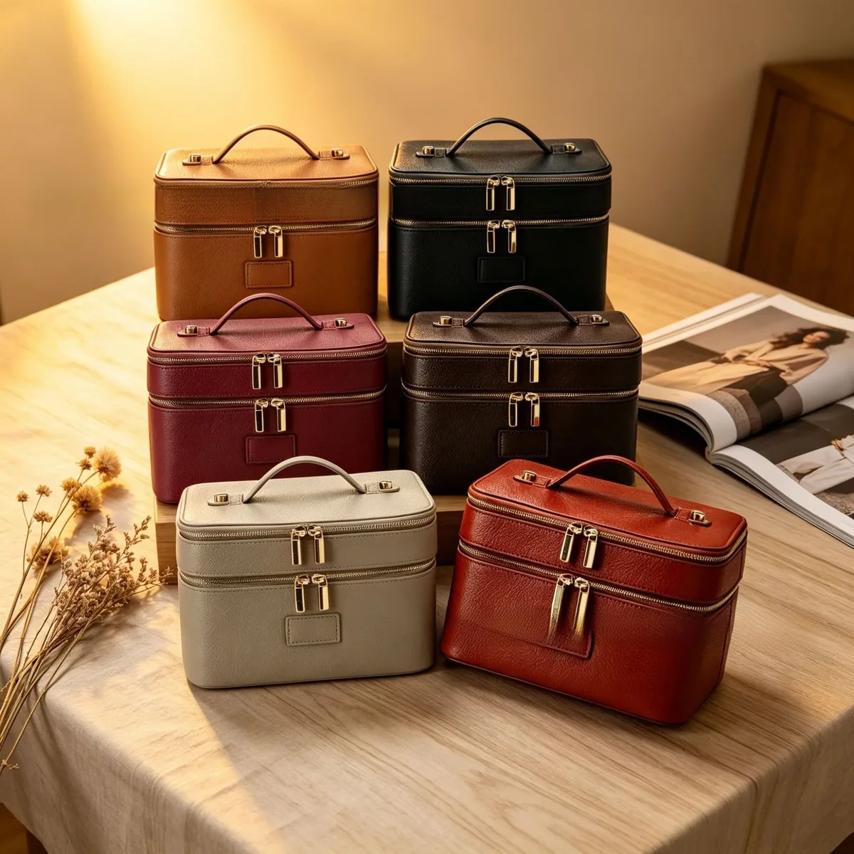 nouvelle trousse de maquillage double couche en cuir pu imperméable grande capacité haut de gamme, sac de voyage et de rangement pour cosmétiques