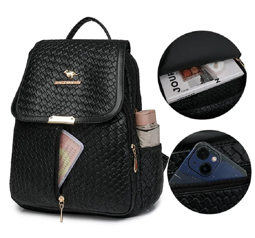 sac dos cuir simili cuir géométrique relief noir beige voyage poche intérieure zippée fermeture éclair poignée souple
