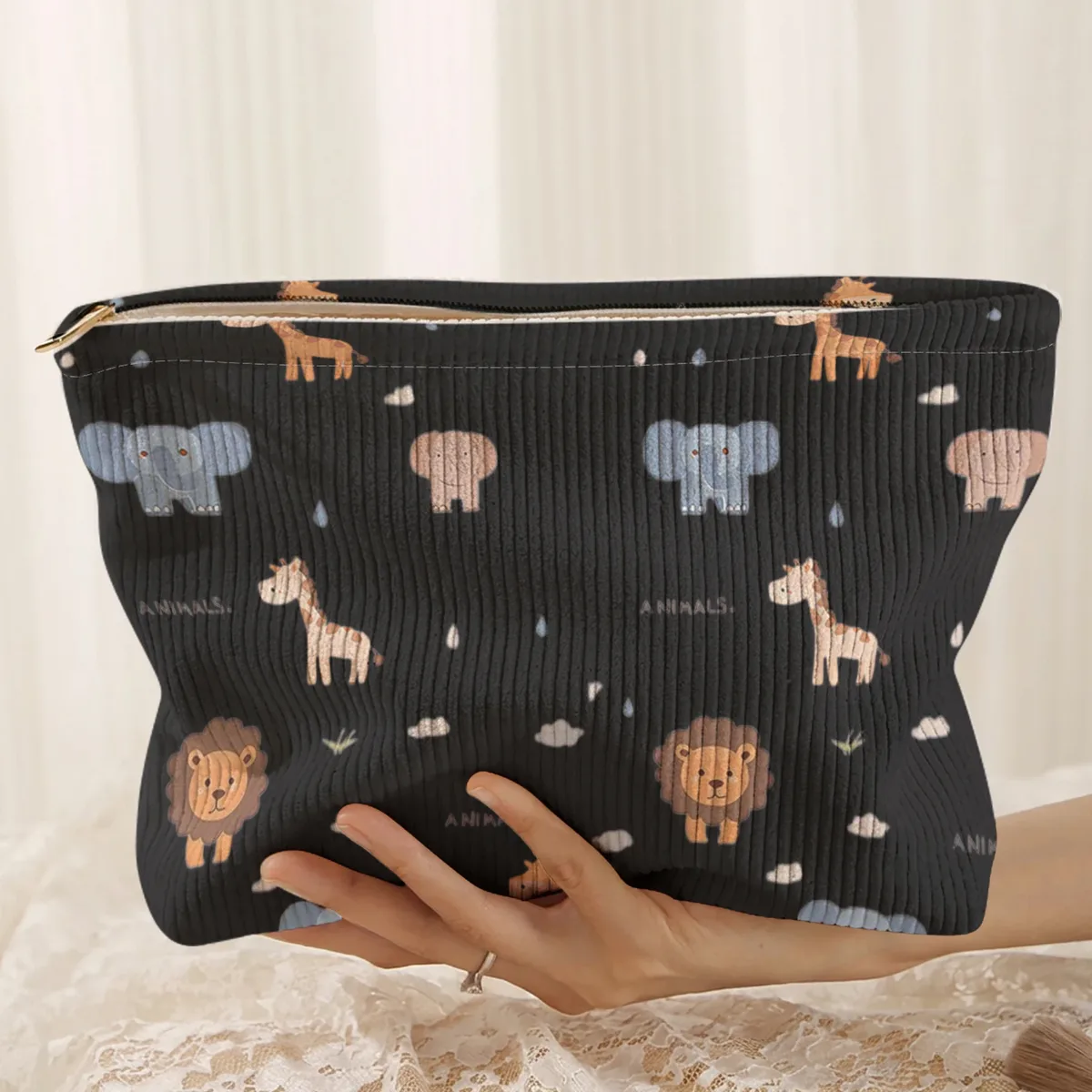 1. trousse de maquillage en velours côtelé à motifs animaliers, boîte de rangement légère à fermeture éclair, sac multifonctionnel avec doublure