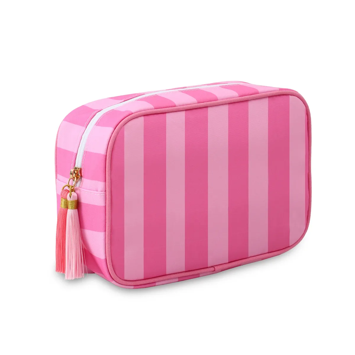 grand sac à cosmétiques portable rayé pour femmes, sac de maquillage à pompon avec fermeture éclair, pochette de rangement de grande capacité