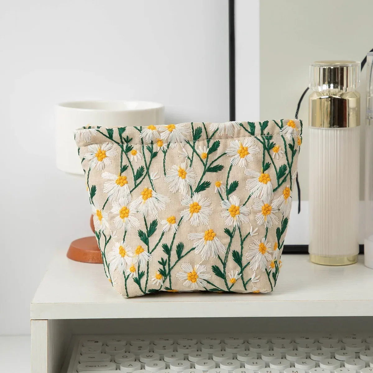 sac à cosmétiques brodé de fleurs, organisateur de maquillage en toile à fermeture éclair, pochette de rangement de voyage, trousse de beauté pour femmes