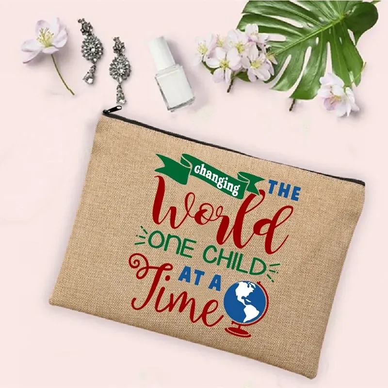 teacher change the world linen powder trousse de toilette de voyage pour femme, trousse de maquillage, cadeau de retour à l'école, sac à cosmétiques