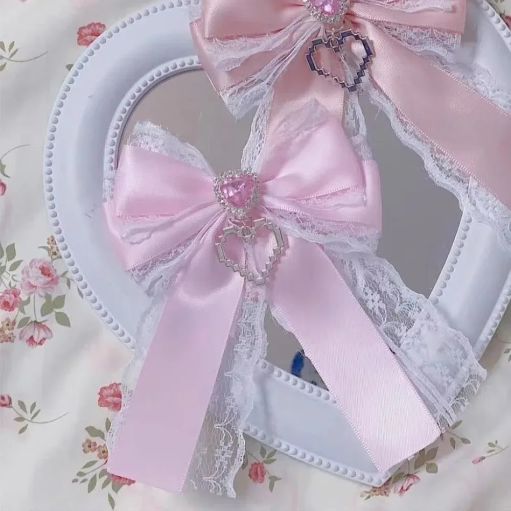 1/2pcs kit de nœuds en ruban à faire soi-même, double couche, avec pendentif en forme de cœur brillant, style lolita, pour sac à dos, avec clip en forme de cœur et diamant