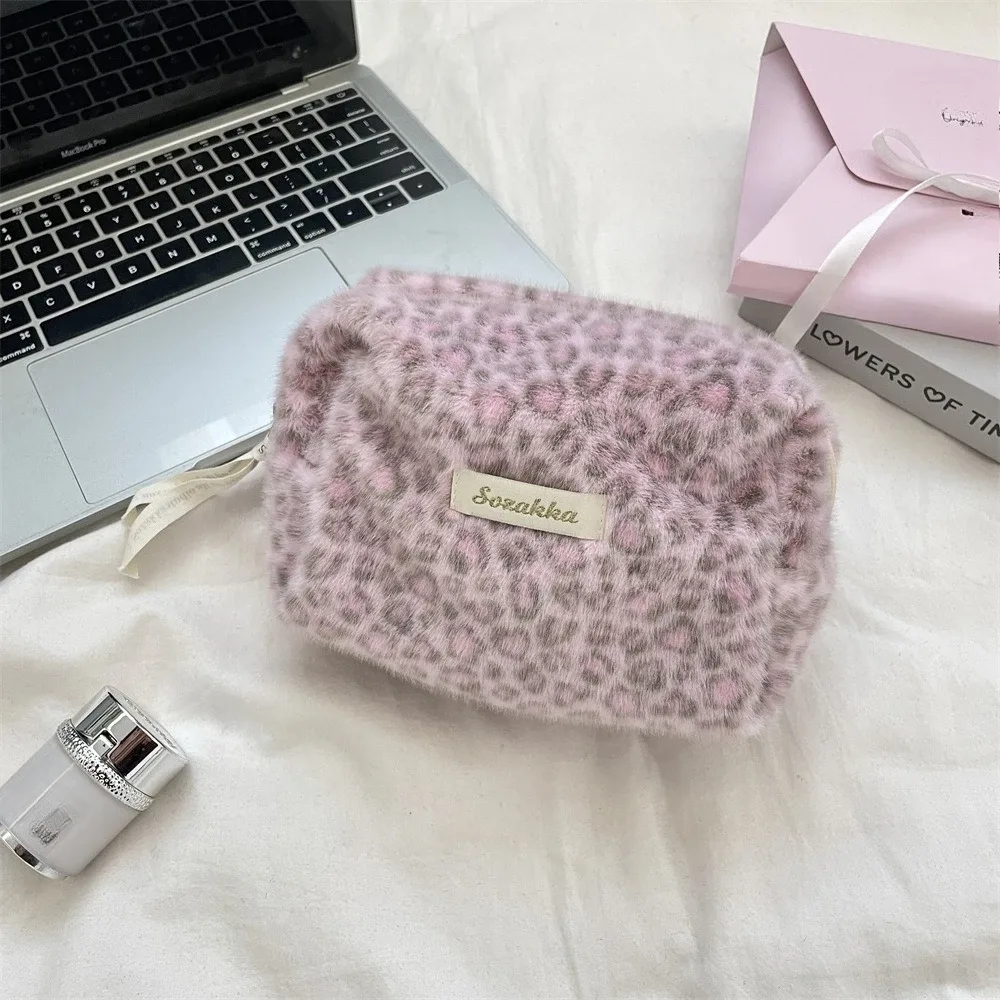 pochette de maquillage mignonne à imprimé léopard, grande capacité, sac à cosmétiques pour femmes, étui de rangement, trousse de toilette de voyage portable pour femmes