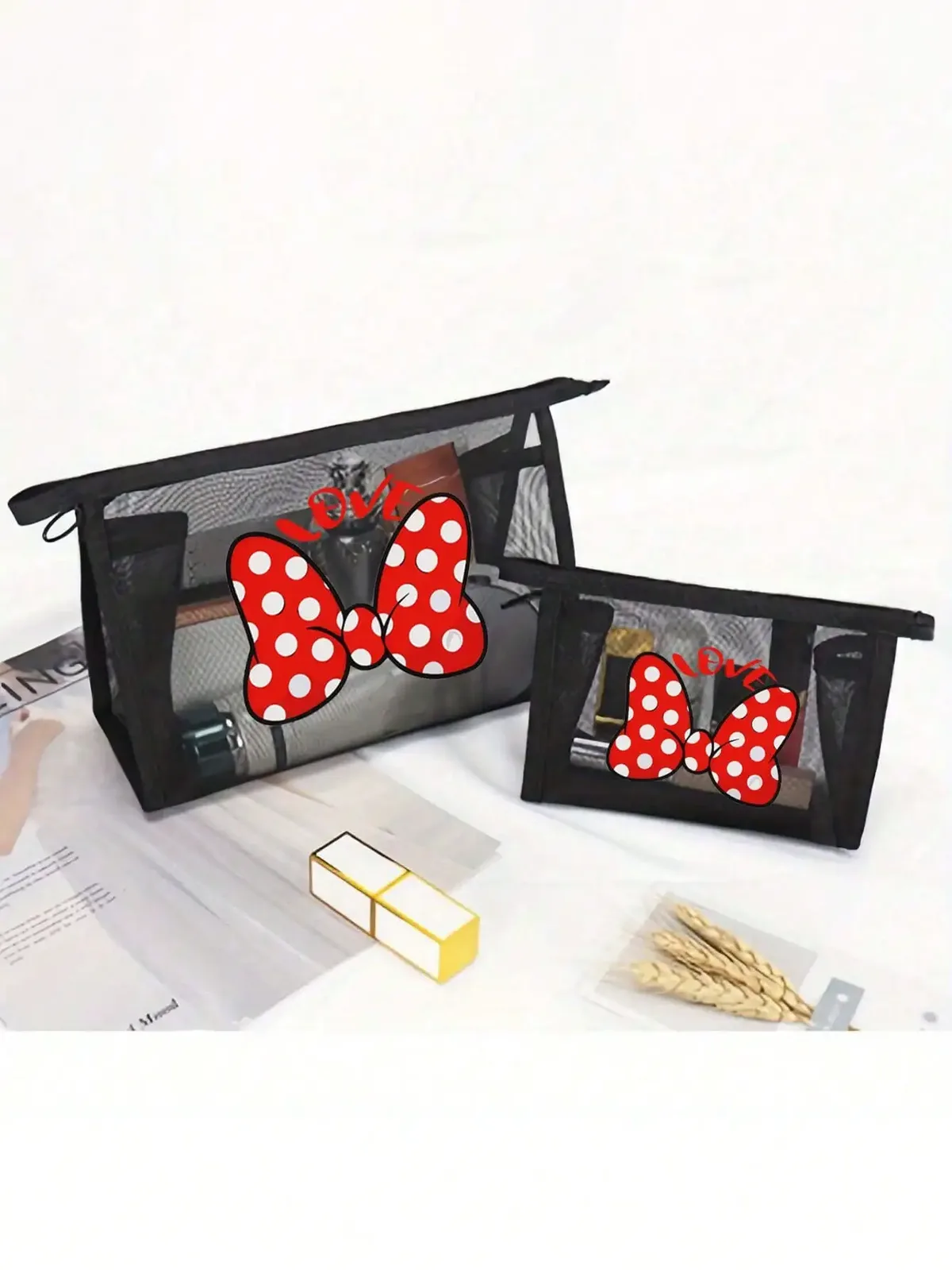 sac à cosmétiques de voyage en maille avec nœud noir, 1 pièce, trousse de maquillage à fermeture éclair pour femmes, trousse de toilette de lavage, organisateur de maquillage, pochette de rangement portable