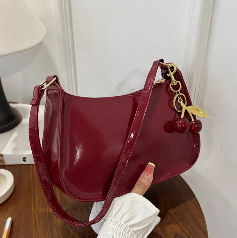 sac à bandoulière rétro vintage pour femmes, en cuir pu, sous les bras, sac à main décontracté avec pendentif cerise