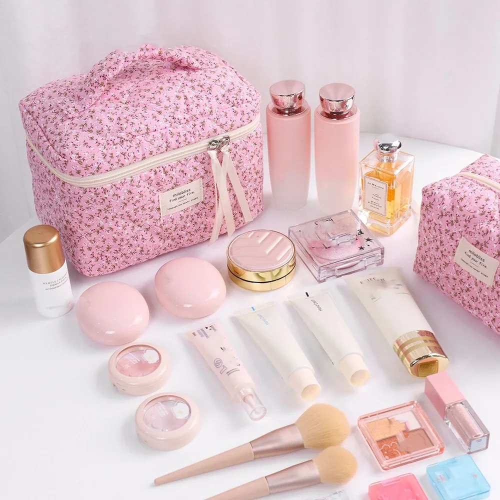 sac de rangement de cosmétiques matelassé imprimé floral pour femmes, organisateur de voyage, pochette de maquillage, fourre-tout carré pour dames, sac à main à fermeture éclair