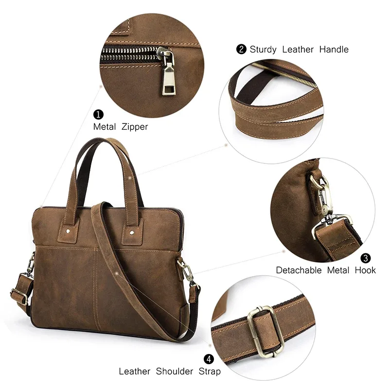 porte documents cuir vache crazy horse leather polyester fermeture éclair bande lièrre macbook 13 16 pouces voyage