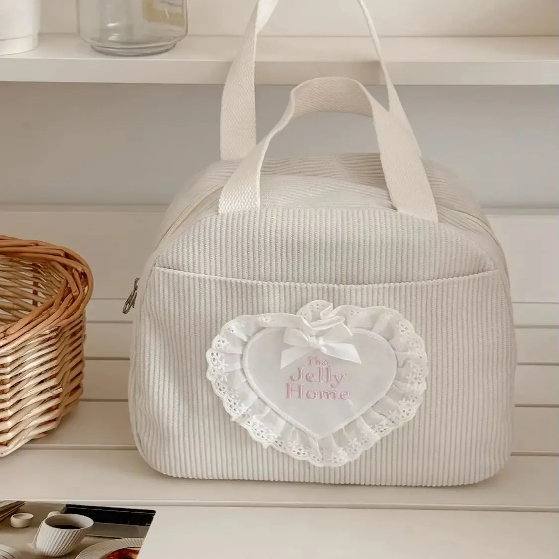 sac à main grande capacité yt commuting en velours côtelé avec dentelle et cœur, sac isotherme pour le déjeuner, nouveau sac de rangement pour étudiants et travailleurs