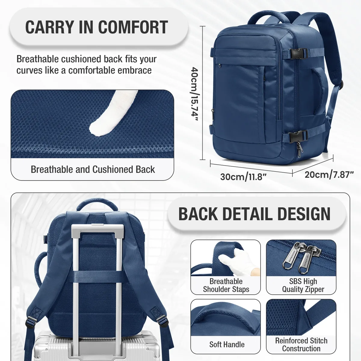 sac dos nylon bleu marine compact léger voyage travail scolaire poche intérieure zippée bandes sangle ajustables