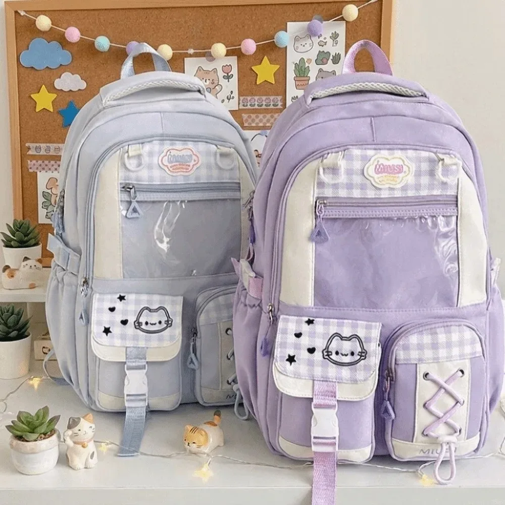 sac à dos scolaire de style preppy à plusieurs compartiments, grande capacité, multi-poches, fermeture éclair, léger, motif à carreaux, sac à dos de jour à blocs de couleurs.