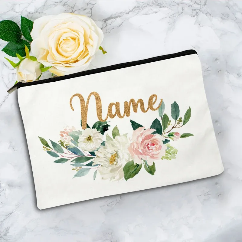 trousse toilette toile blanc motif fleurs vert fermeture éclair pliable extensible décontracté femme voyage cosmétiques