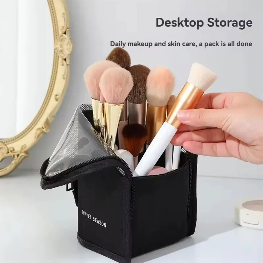 sac de rangement pour pinceaux de maquillage, pliable, en maille transparente, support vertical, étui cosmétique portable à séchage rapide pour femmes, rangement de voyage et de bureau