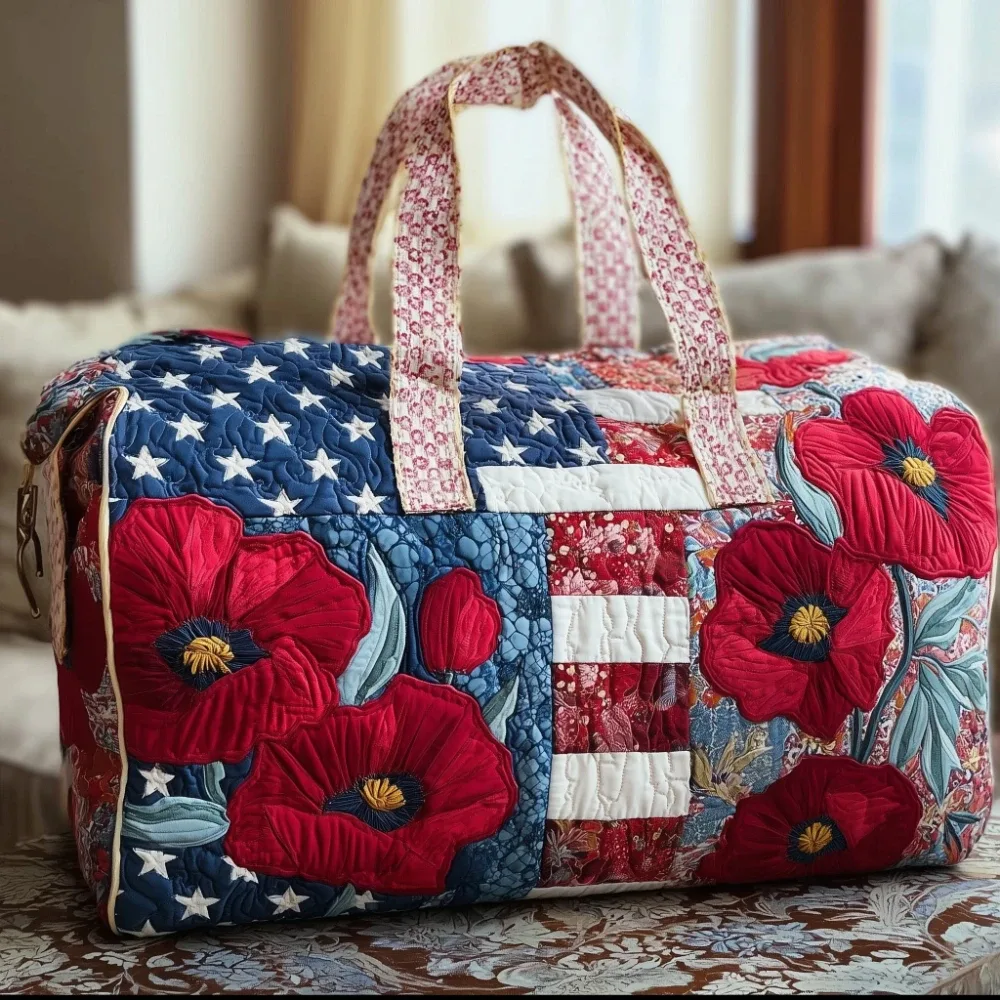 sac de voyage matelassé vintage pour femme, motif étoiles et rayures patriotiques, imprimé 3d roses et cardinaux, sac de week-end, sac de sport, sac de nuit