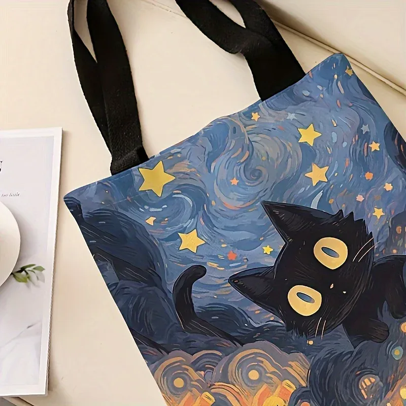 sac fourre-tout imprimé motif chat de nuit noir, fourre-tout en tissu de coton de dessin animé, sacs à bandoulière pour femmes, sac à main écologique pliable et réutilisable