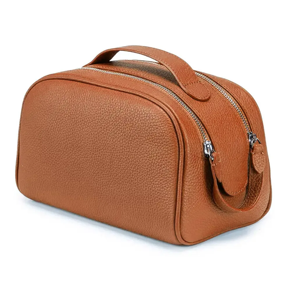 trousse de toilette en cuir grainé pour femme, grande capacité, avec poignée, idéale pour les voyages et l'usage quotidien