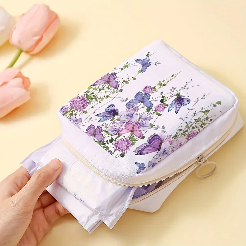 Sac de rangement pour serviettes hygiéniques imprimées papillon violet, sac en tissu léger pour femmes, sac en tissu hygiénique