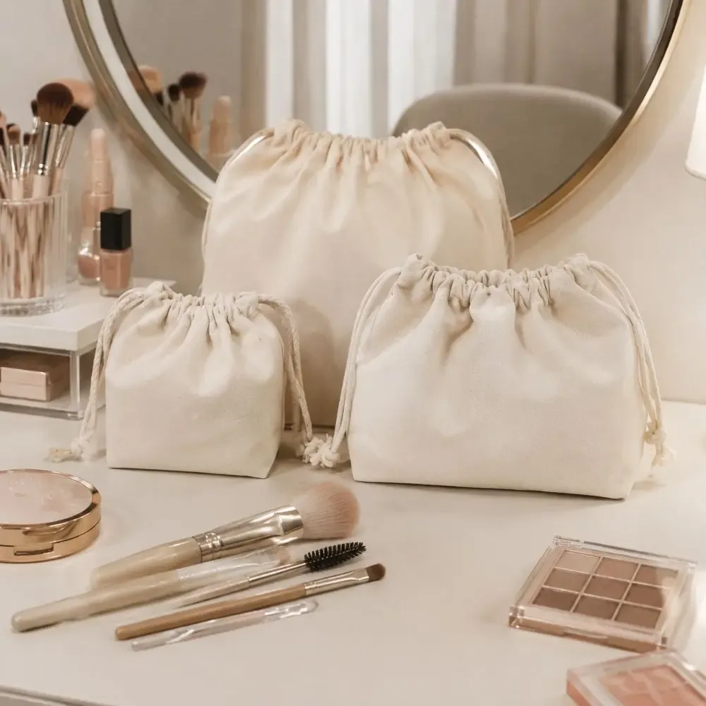 sacs à cosmétiques portables en toile avec cordon de serrage, pochettes de maquillage souples réutilisables, sacs de rangement de voyage, cadeaux