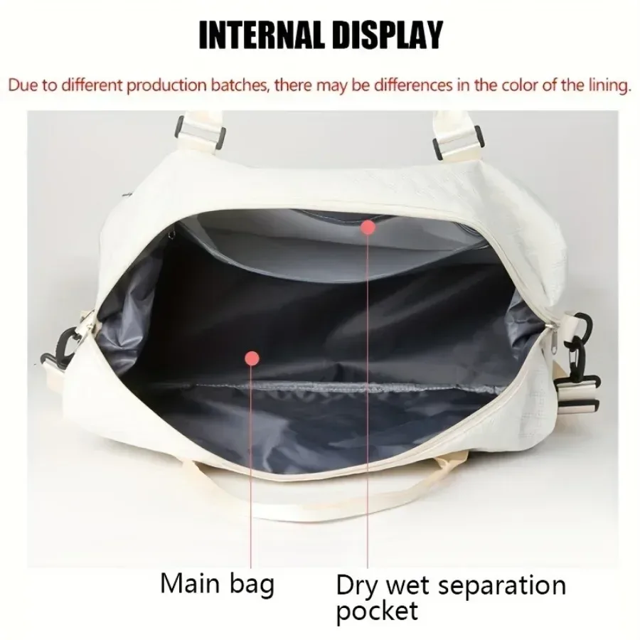 sac voyage nylon motif géométrique relief beige grande capacité bandoulière pochette cosmétiques transport week end