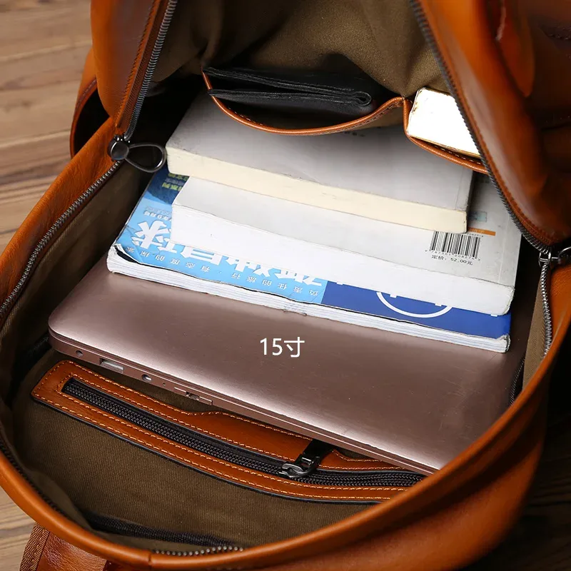 nzpj – sac à dos rétro en cuir véritable pour hommes, sacoche décontractée pour ordinateur avec couche supérieure en peau de vache, sac de voyage à la mode européenne et américaine