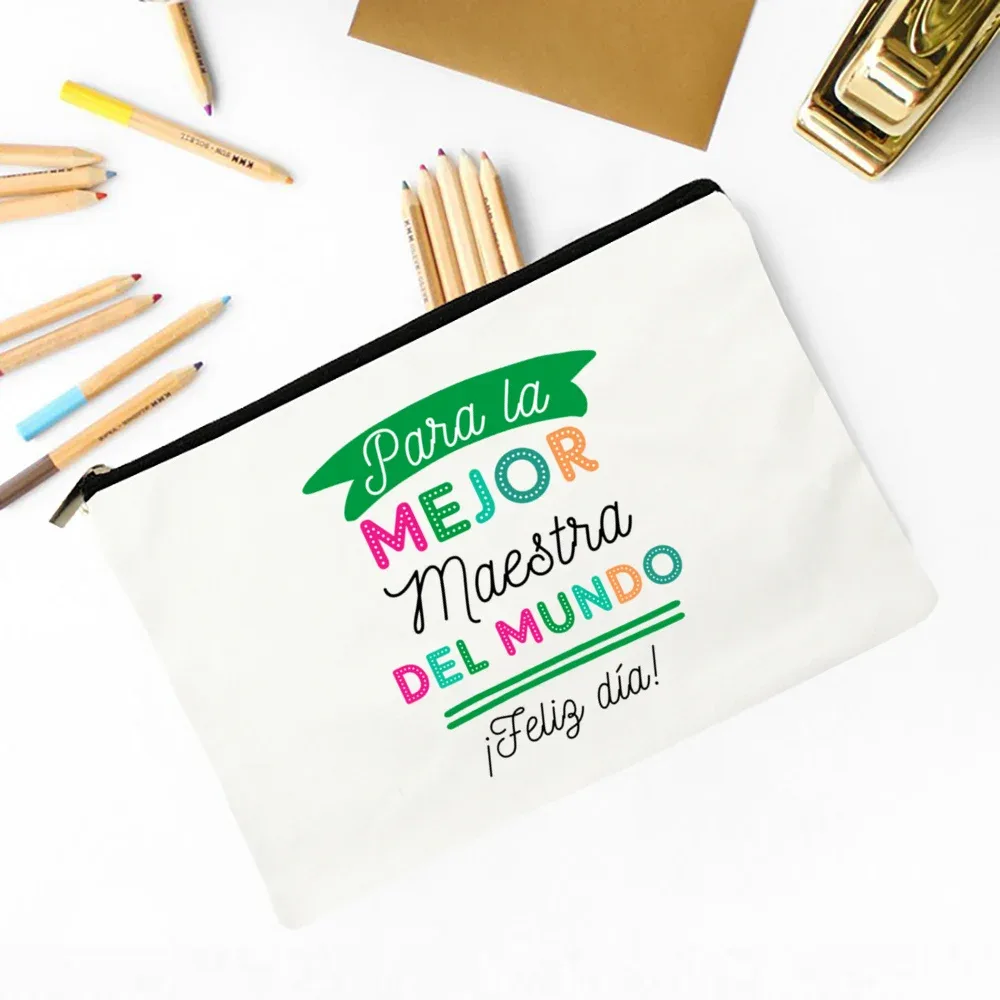 meilleur professeur du monde sac de maquillage imprimé espagnol nécessaire de voyage pochette de rangement d'articles de toilette sacs à crayons cadeau de diplômé pour enseignant