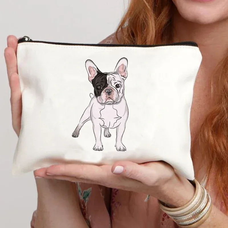 trousse de maquillage en toile pour femme, trousse de toilette, valise professionnelle, impression de dessin animé, bouledogue français, drôle