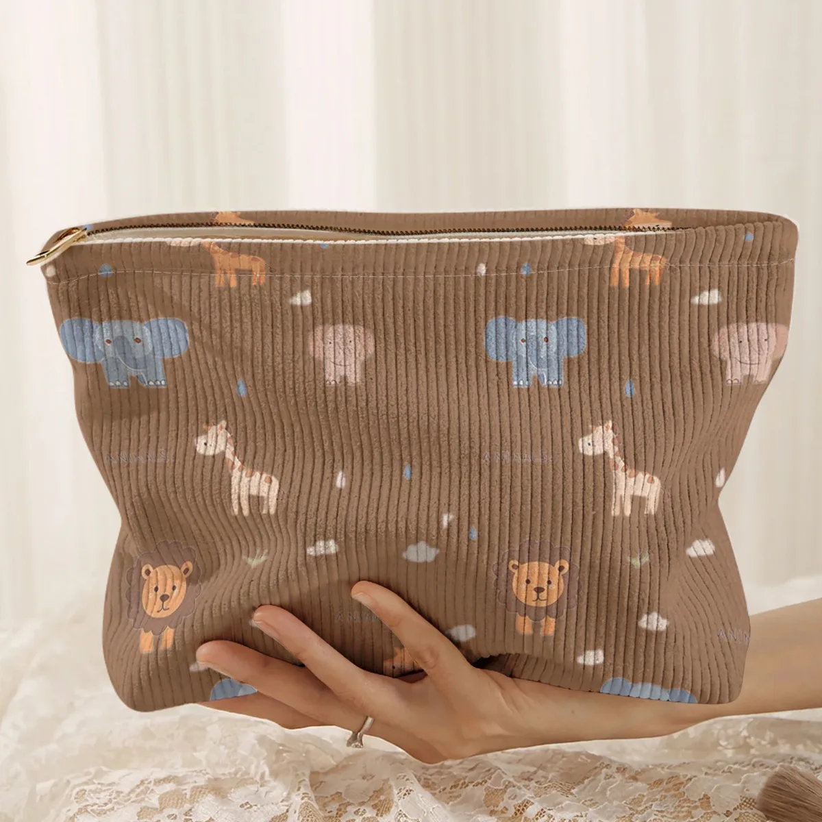 1. trousse de maquillage en velours côtelé à motifs animaliers, boîte de rangement légère à fermeture éclair, sac multifonctionnel avec doublure