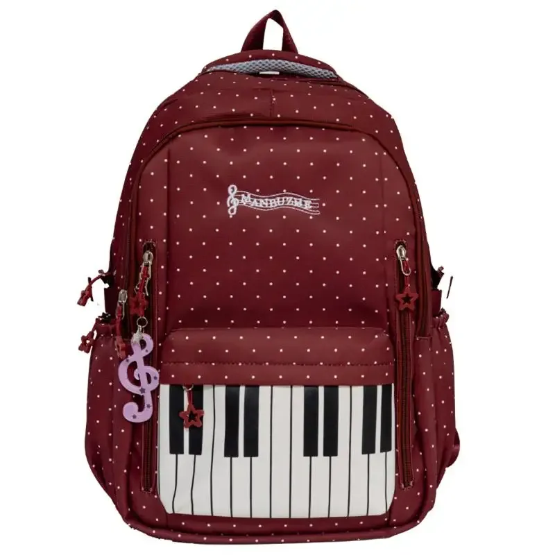 sac à dos d'étudiant grande capacité, sac à bandoulière double, imprimé à pois clavier de piano, sac de voyage scolaire, style coréen vintage