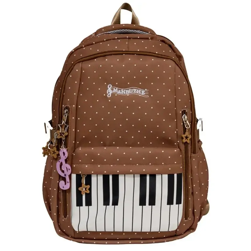 sac à dos d'étudiant grande capacité, sac à bandoulière double, imprimé à pois clavier de piano, sac de voyage scolaire, style coréen vintage