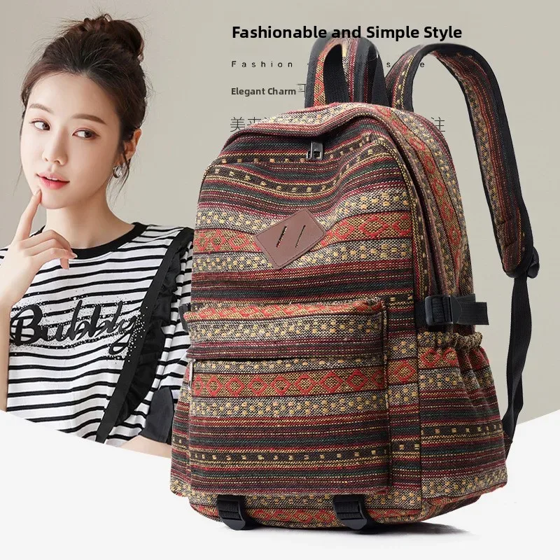 Sac à dos de voyage décontracté en coton et lin, style ethnique, grande capacité, unisexe, pour loisirs en extérieur, résistant à l'usure, rayé