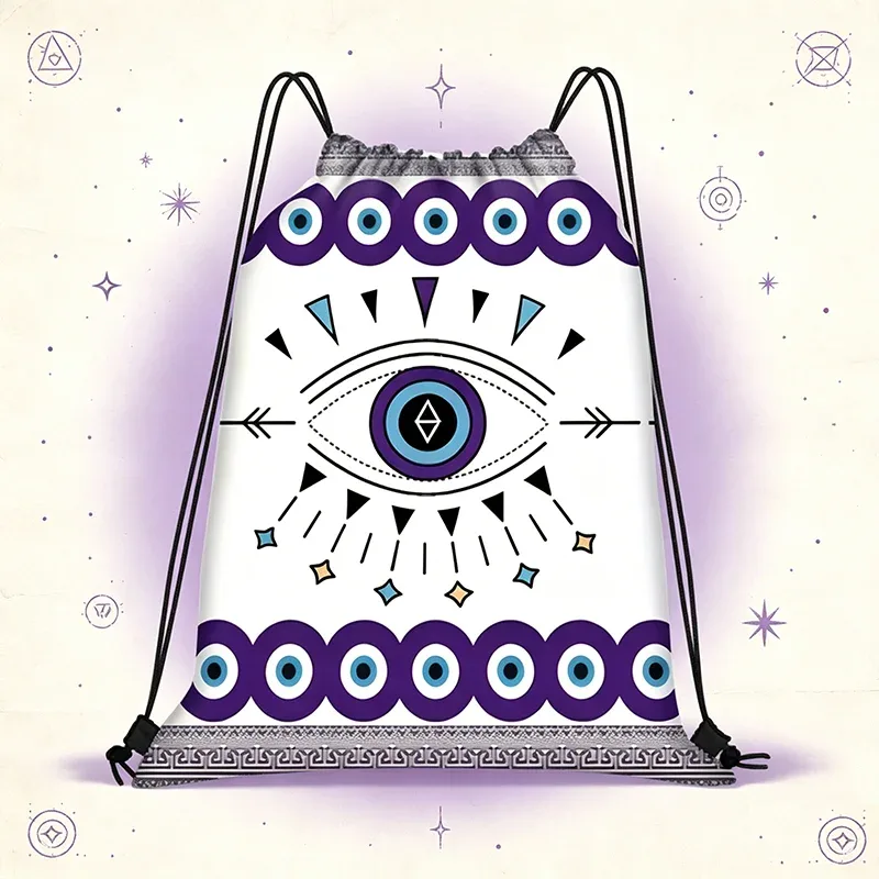 sac dos nylon blanc motif oeil géométrique bleu violet grande capacité voyage école sport shopping fêtes