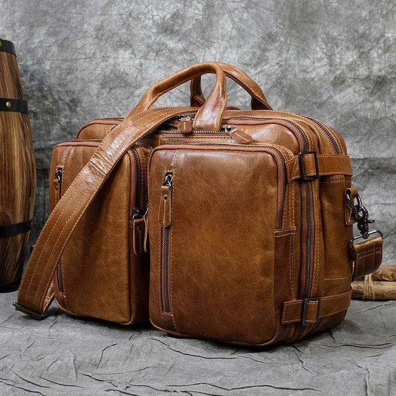 sac à dos en cuir de vache à double fermeture éclair, sac à bandoulière de bonne qualité, mallette de voyage et de bureau à double usage, en cuir pur