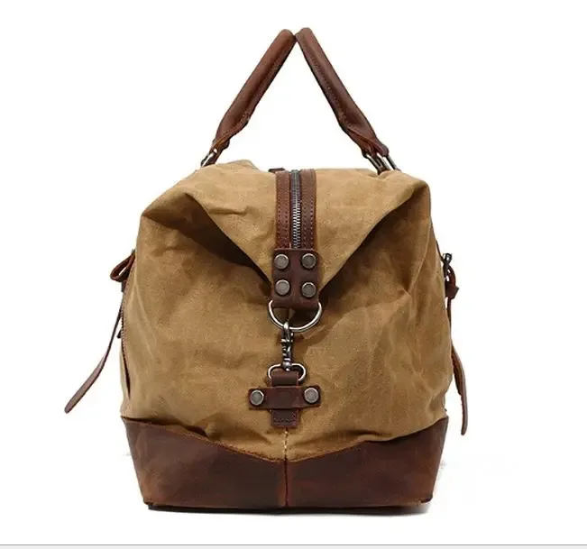 sac de voyage pour homme en toile cirée imperméable et cuir, sac à main, sac de cabine, grand sac fourre-tout vintage, sac de week-end, grand sac de nuit.
