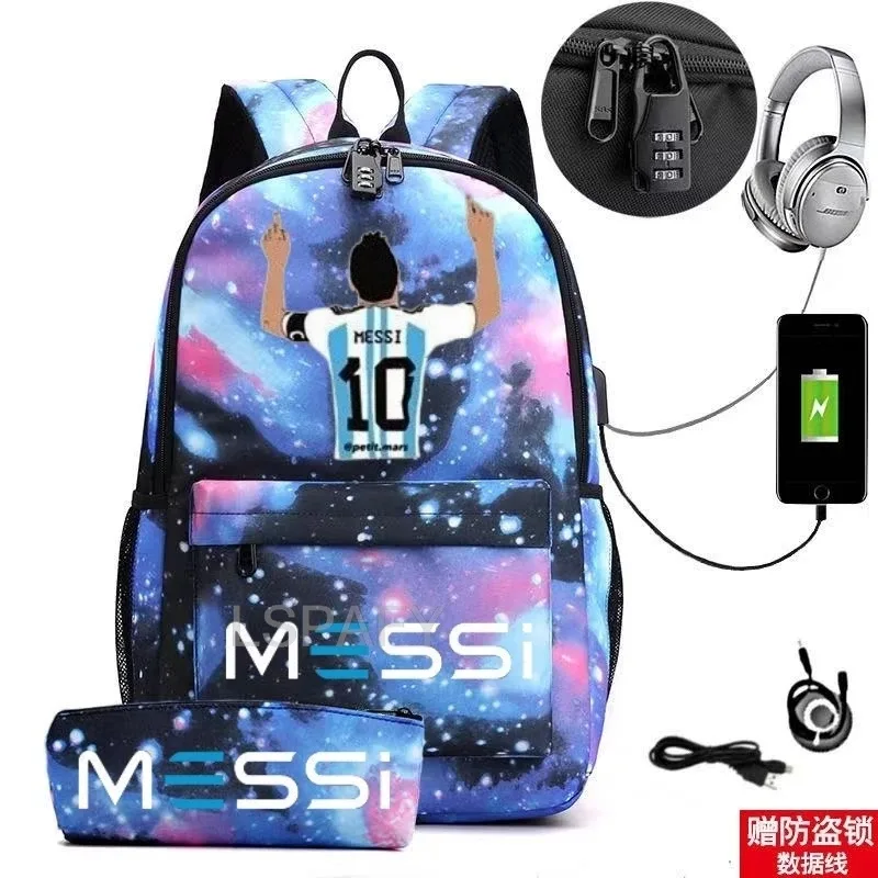 sac à dos messi tendance (lot de 2) – anti-vol, unisexe, simple, pour ordinateur portable, avec port usb, grande capacité, idéal pour les voyages, l'école, les garçons et les filles