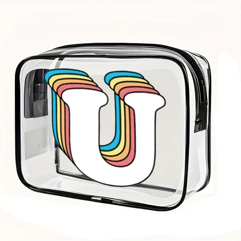 organisateur voyage cosmétiques pvc translucide poignée noire motif arcs-en-ciel lettre grande capacité format tonneau sac compression