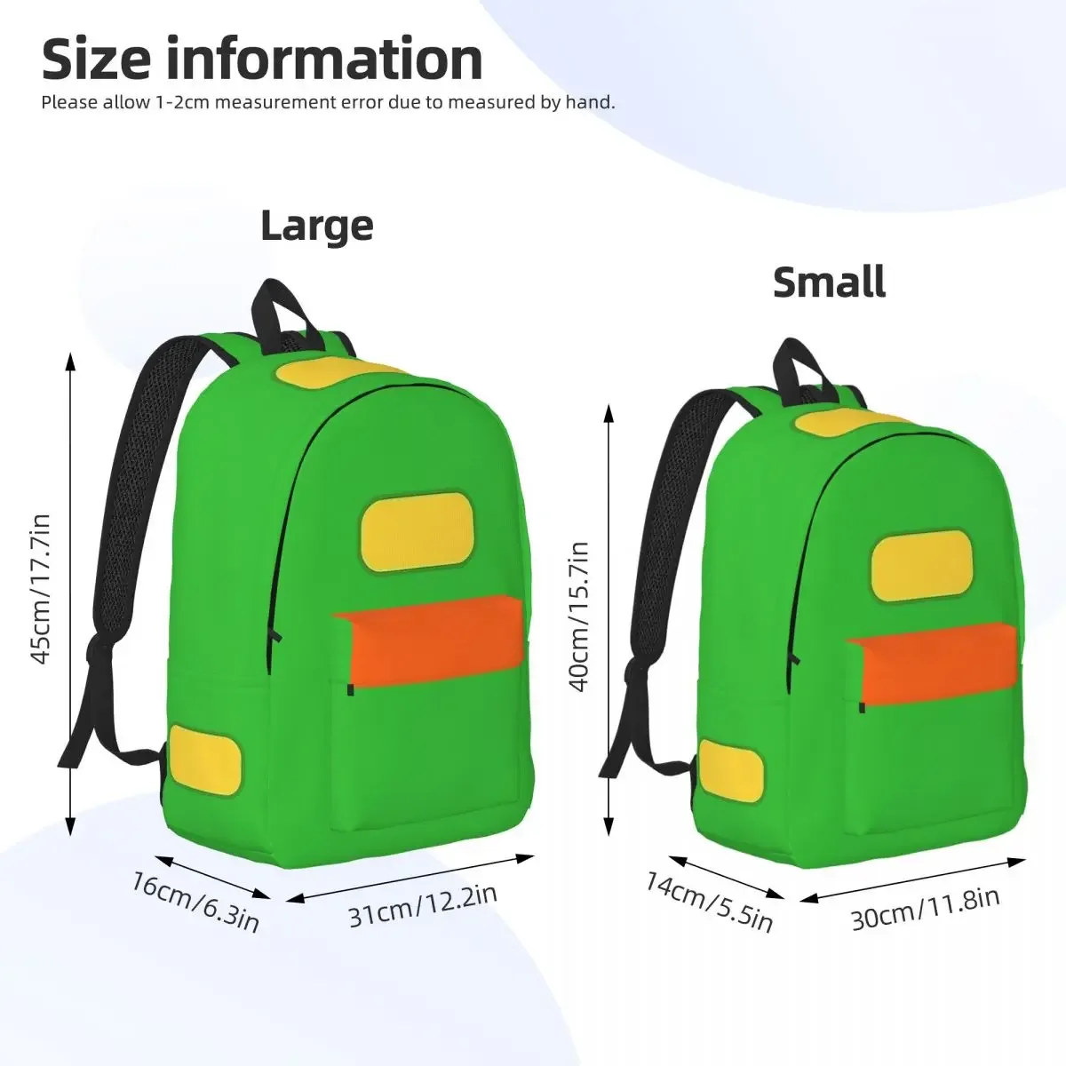 sac dos toile polyester dessin animé vert bandes jaunes orange poches latérales arrière avant école voyage