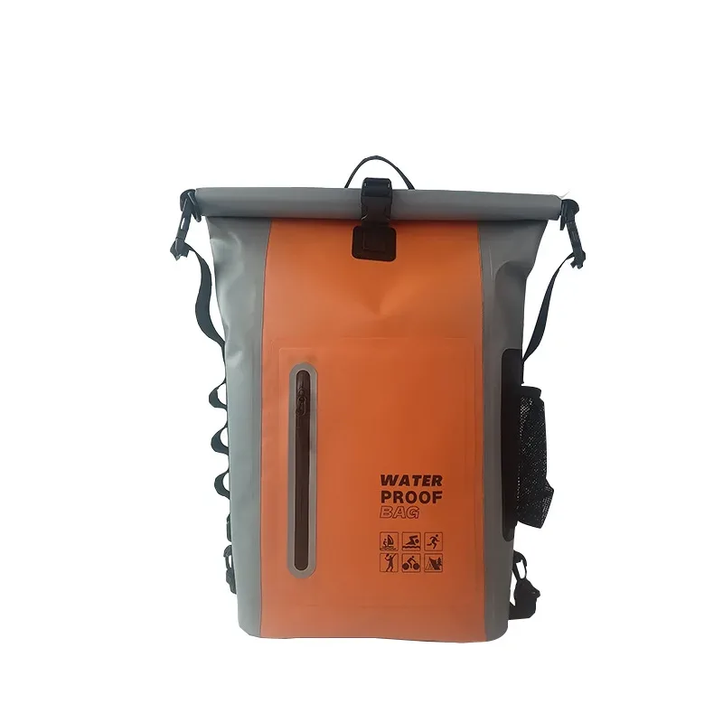 sac dos pvc étanche noir vert olive jaune bandes réfléchissantes poches latérales cadre externe ceinture coussin air usage voyage randonnée camping plage