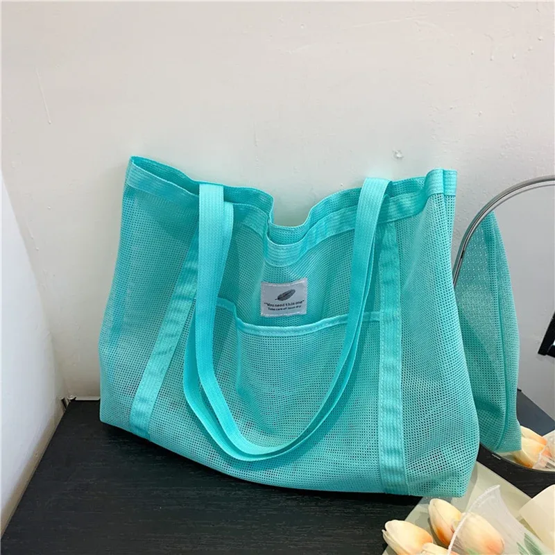 sac à bandoulière en maille transparente pour femmes, fourre-tout portable à la mode pour shopping voyage plage, fourre-tout en filet