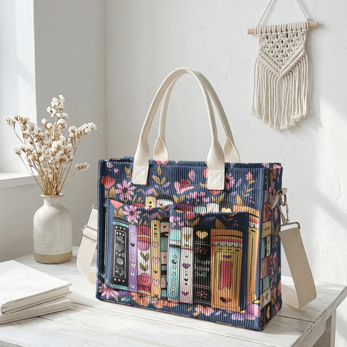 sac fourre-tout en velours côtelé imprimé livres et fleurs colorés, grande capacité, multi-poches, sac à bandoulière pour les trajets quotidiens
