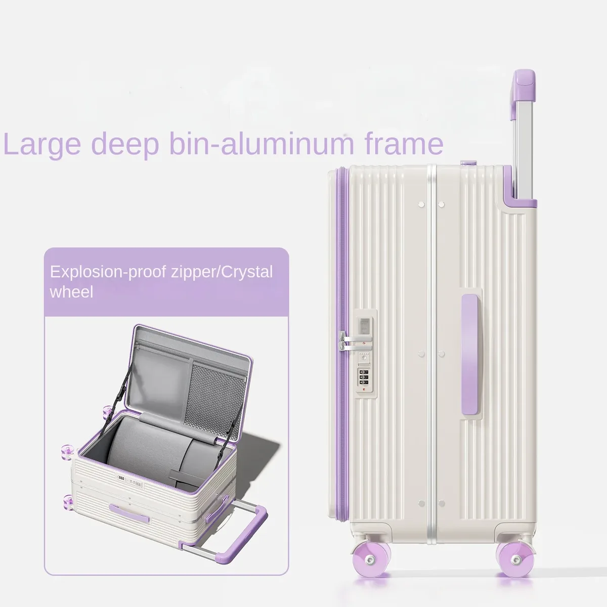 nouvelle valise de voyage 2026 avec cadre en aluminium et poignée large, extensible par fermeture éclair, tailles 20-28 pouces, pour grandes entrepôts (1:9)