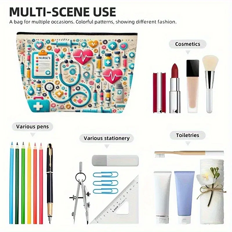 kit de survie pour infirmière imprimé double face, 1 pièce, trousse de maquillage | organisateur de voyage portable avec fermeture à glissière pour articles de toilette et espèces