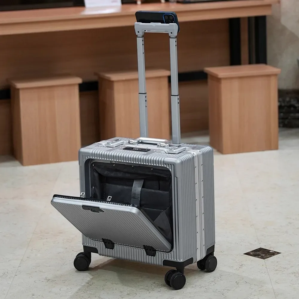 valise de poche à ouverture avant de 18 pouces, cadre en alliage d'aluminium, bagages roulants, sacs de chariot de voyage d'embarquement avec roue rotative