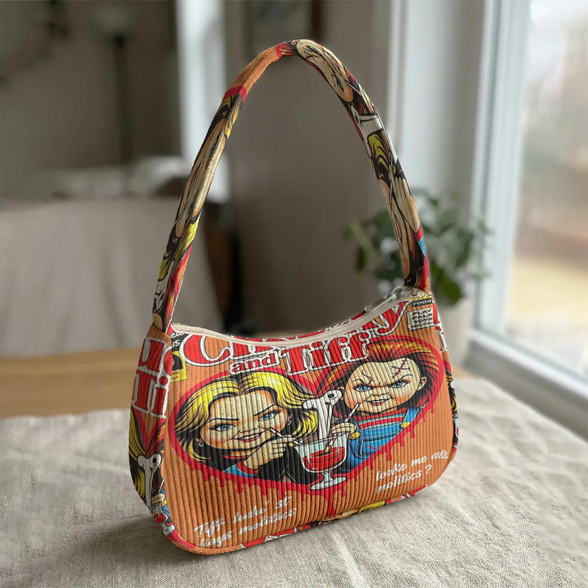 sac à bandoulière tendance imprimé chucky & tiffany, sac sous le bras en velours côtelé pour un usage quotidien décontracté