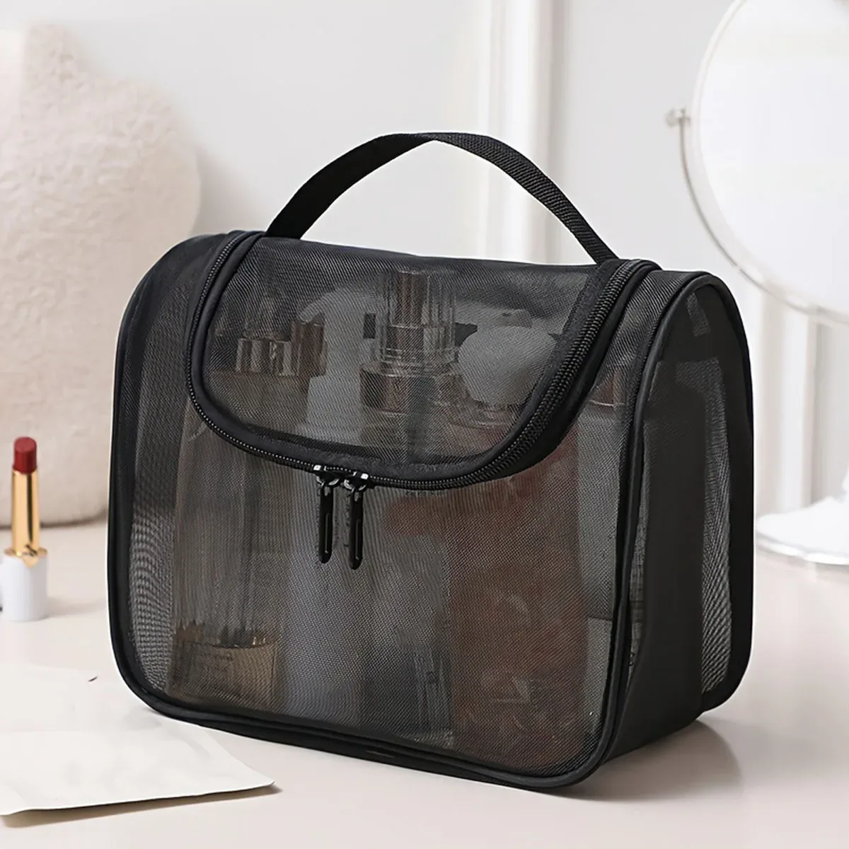 nouvelle trousse de toilette multifonctionnelle, sac de maquillage portable en nylon à mailles incurvées, sac de rangement pour cosmétiques de grande capacité pour femmes