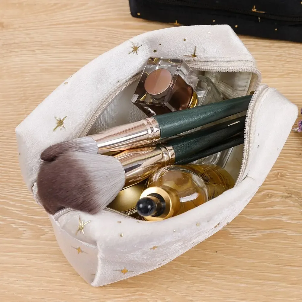 trousse de toilette en velours doux pour femme, sac cosmétique portable, motif étoile estampé à chaud, sac de rangement de maquillage avec fermeture éclair, haute qualité