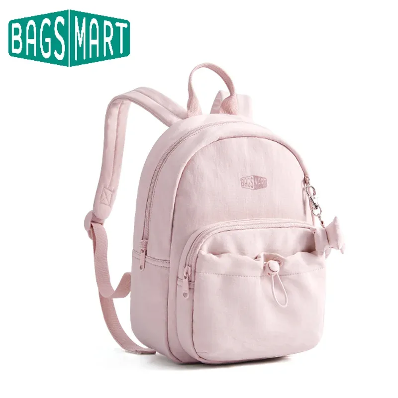Sac Dos Nylon Rose Clair Poche Avant Noeud Décoratif Compartiments Ordinateur Portable Anti-Vol Usage Voyage